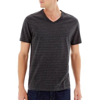 CLAIBORNE Striped V Neck Tee, Dk Charcoal Htr Cb, Mens