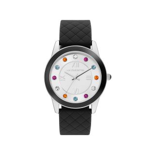LIZ CLAIBORNE Womens Multicolor Crystal Accent Black Rubber Watch
