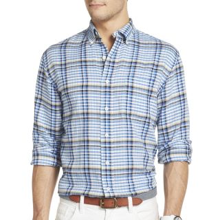 Izod Long Sleeve Linen Cotton Blend Multi Checked Shirt, Blue, Mens