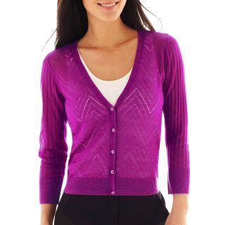 Worthington 3/4 Sleeve Cable Knit Cardigan Sweater, Purple, Womens