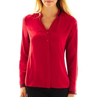 Worthington Pleather Trim Blouse, Womens