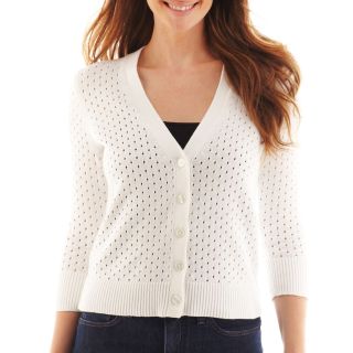 LIZ CLAIBORNE 3/4 Sleeve Pointelle Cardigan Sweater, White, Womens