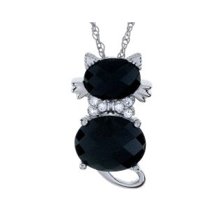 Sterling Silver Genuine Black Onyx and White Sapphire Cat Pendant, Womens