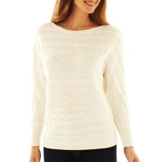 LIZ CLAIBORNE Long Sleeve Cable Sweater, White, Womens