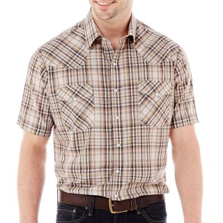 Ely Cattleman Short Sleeve Plaid Snap Shirt Big and Tall, Tan, Mens