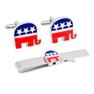 Republican Elephant Cuff Links & Tie Bar Gift Set, Red/Blue