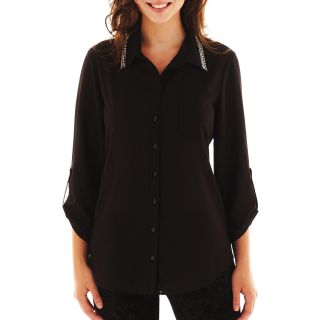 By & By Embellished Button Front Blouse, Black
