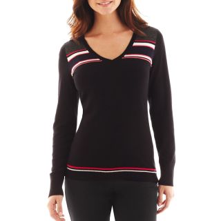 LIZ CLAIBORNE Long Sleeve Striped Sweater, Black, Womens
