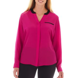 Worthington Long Sleeve Faux Silk Shirt   Plus, Pink
