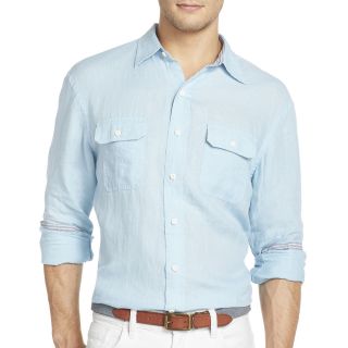 Izod Long Sleeve Solid Linen Cotton Woven Shirt, Blue, Mens
