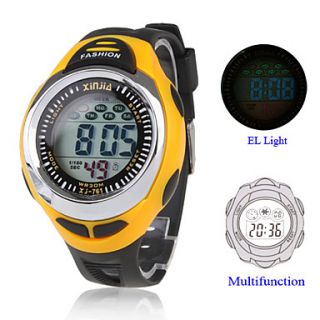 Unisex Multi Functional Yellow Case Black Silicone Band Digital Wrist Watch