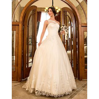 A line Princess One Shoulder Sweep/Brush Train Tulle And Lace Wedding Dress (632801)