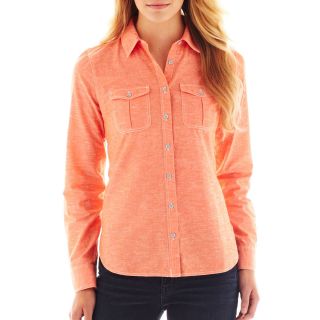 Long Sleeve Button Front Chambray Shirt   Petite, Red/Orange