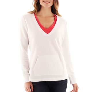 LIZ CLAIBORNE Long Sleeve V Neck Sweatshirt, White, Womens