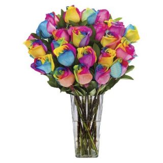 Fresh Cut Rainbow Roses with Vase   24 Stems