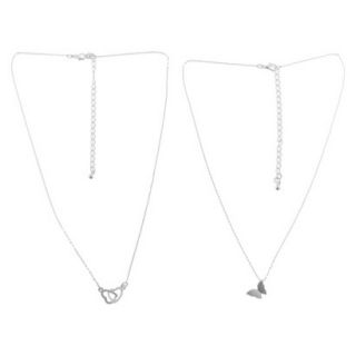 2 Piece Necklace Set with Double Heart and Butterfly Charms   Silver