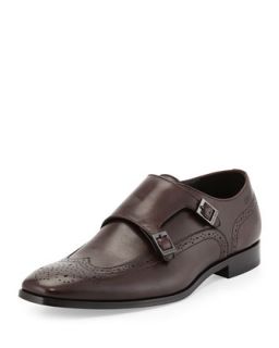 Maxo Leather Wing Tip Monk Strap Shoes, Dark Red