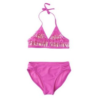 Girls 2 Piece Ruffled Sequin Halter Bikini Swimsuit Set   Pink S