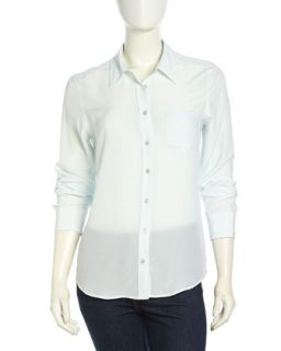 Brett Washed Silk Patch Pocket Blouse, Ice Blue