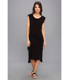 Three Dots Pleat Drape Detail Midi Dress w/ Side Slits And Rolled Cuff Womens Dress (Black)