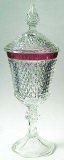 Indiana Glass Diamond Point Ruby Footed Urn W/Lid   Clear W/Ruby Band,Heavy Pres