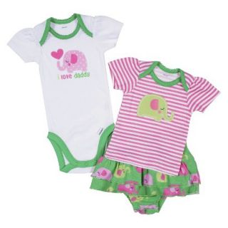 Gerber Newborn Girls 3 Piece Elephant Skirt Set   Green/Pink 0 3 M