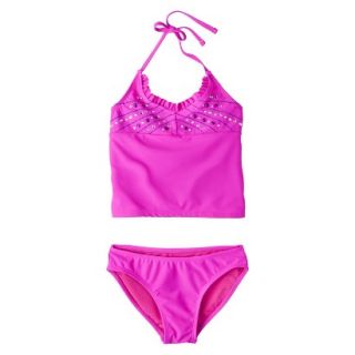 Girls 2 Piece Haltered Sequin Tankini Swimsuit Set   Pink L