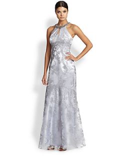 Teri Jon Necklace Halter Metallic Lace Gown   Slate Silver