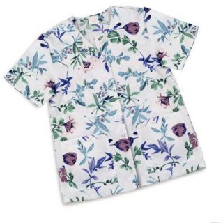 Medline Ladies Snap Front Scrub Top with Two Pockets   Blue Floral (Large)