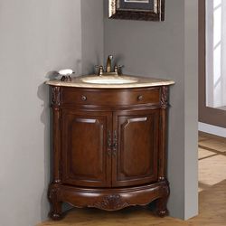 Silkroad Exclusive Single Sink 32 inch Travertine Top Corner Sink Vanity Cabinet