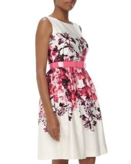 Belted Floral Print Sateen Dress, Hot Fuchsia