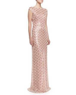 Cap Sleeve Beaded Lace Gown, Light & Dark Pink   David Meister