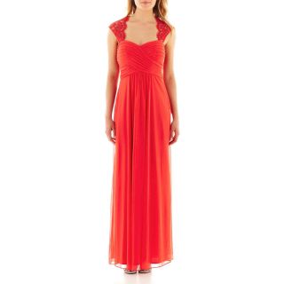 Lace Cap Sleeve Ruched Gown, Red
