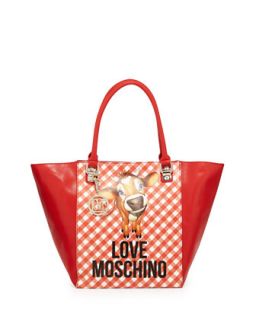 Cow Gingham Print Faux Leather Tote Bag, Red