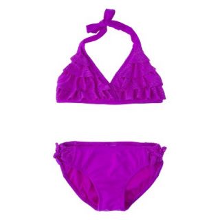 Girls 2 Piece Ruffled Bikini Swimsuit Set   Fuschia L
