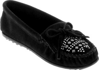 Womens Minnetonka Studded Moc   Black Suede Slip on Shoes