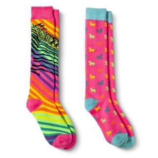 Xhilaration Girls Rainbow Zebra Knee High Socks 2pk   Fuchsia 3 10