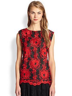 Alice + Olivia Skieler Boxy Silk Embroidered Top   Red