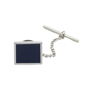 Rhodium Plated Tie Tack with Blue Enamel Center, Navy