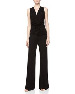 Sleeveless Ruched Stretch Knit Jumpsuit, Black