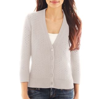 LIZ CLAIBORNE 3/4 Sleeve Pointelle Cardigan Sweater   Talls, Gray, Womens