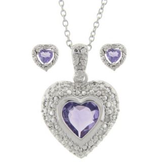 Sterling Silver Genuine Amethyst and Diamond Accent Heart Pendant and Earring