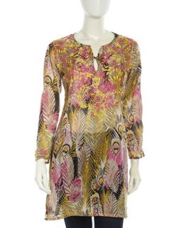 Floral Embroidered Peacock Feather Print Tunic, Yellow/Pink