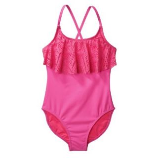 Girls 1 Piece Ruffled Swimsuit   Pink L