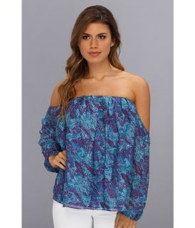 Tbags Los Angeles Paisley Cut Out Long Sleeves Off Shoulder Top Womens Blouse (Blue)