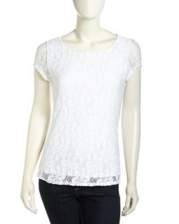 Floral Knit Keyhole Back Top, Optic White