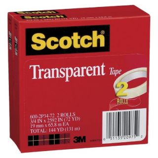 Scotch Transparent Tape 600 2P34 72, 3/4 x 2592, 3 Core, Transparent, 2/Pack