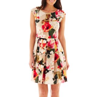 . Short Sleeve Floral Print Fit and Flare Dress, Orange/Green/Tan