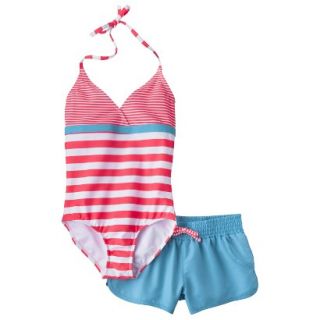 Girls 1 Piece Striped Swimsuit and Short Set   Coral XS