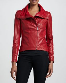 Womens Leather & Ponte Asymmetric Jacket, Red   Bagatelle